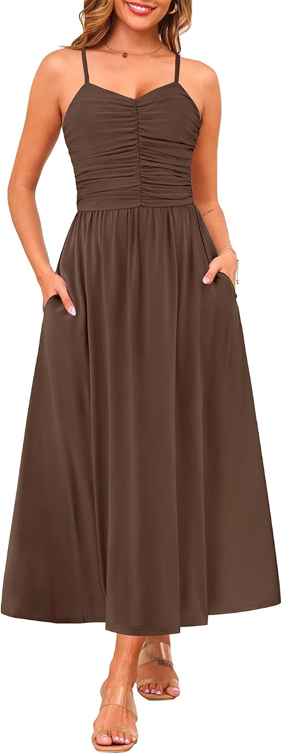Annebouti Women's Summer Adjustable Spaghetti Strap Ruched Maxi Sun Dress | Dress with Pockets, Lined Bodice, Boho Floral Print, Perfect Summer Dress for Wedding Guest, Beach, Vacation, Resort Wear