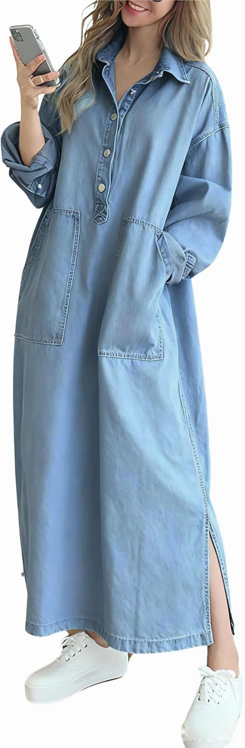 Jofemuho Womens Casual jean dress Long Sleeve Denim Maxi Shirt Dress | with Split western country oversized dress Spring Fall