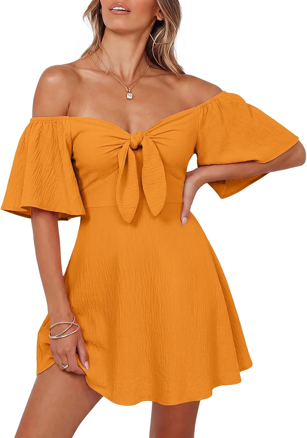 Dokotoo Womens Dresses 2026 Deep V Neck Elegant Bow tie Mini Dress S-XL | 2026 Summer Fall,Short Sleeve,V Neck,Graduation Party Dress,Elegant,Flowy Beach Vacation Wear,Casual Dress