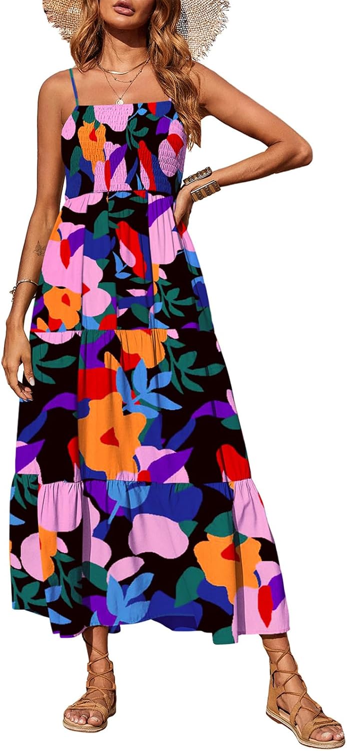 PRETTYGARDEN Women's Summer Maxi Dress 2026 Spaghetti Strap Sundresses | Boho Dress, Sleeveless, Smocked, Flowy Tiered A Line Long Dress, Beach Vacation, Party, Wedding Guest