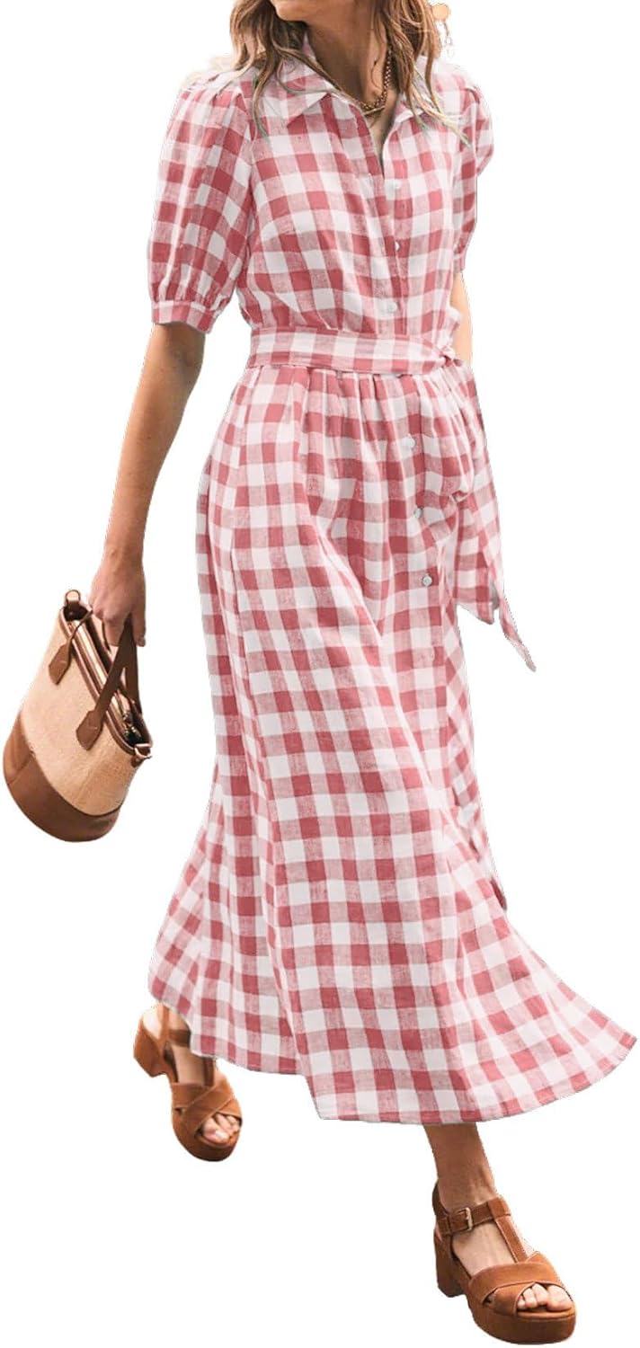 CHARTOU Women Summer Plaid Puff Short Sleeve Dress Button Down Long Shirt Dress with Belt