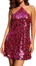 Womens Sparkle Sequins Mini Dress Shiny Glitter Halter Neck Tie-Up Backless Night Out Clubwear Loose Fit Short Dress