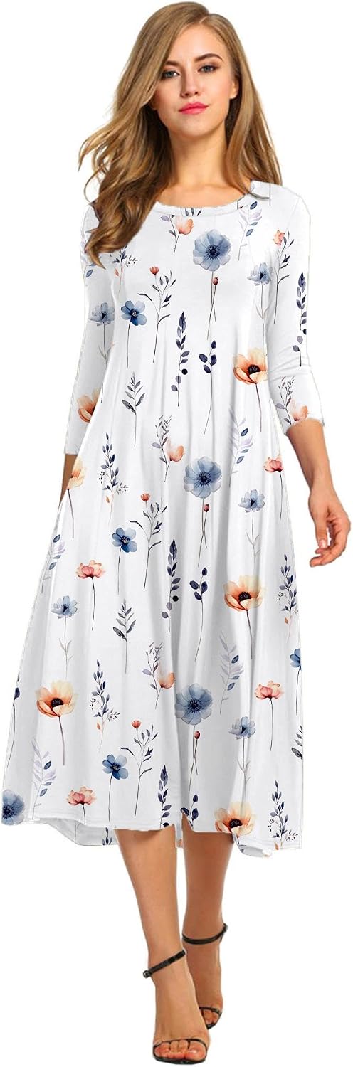 HOTOUCH Women's 3\/4 Sleeve A-line and Flare Midi Long Dress