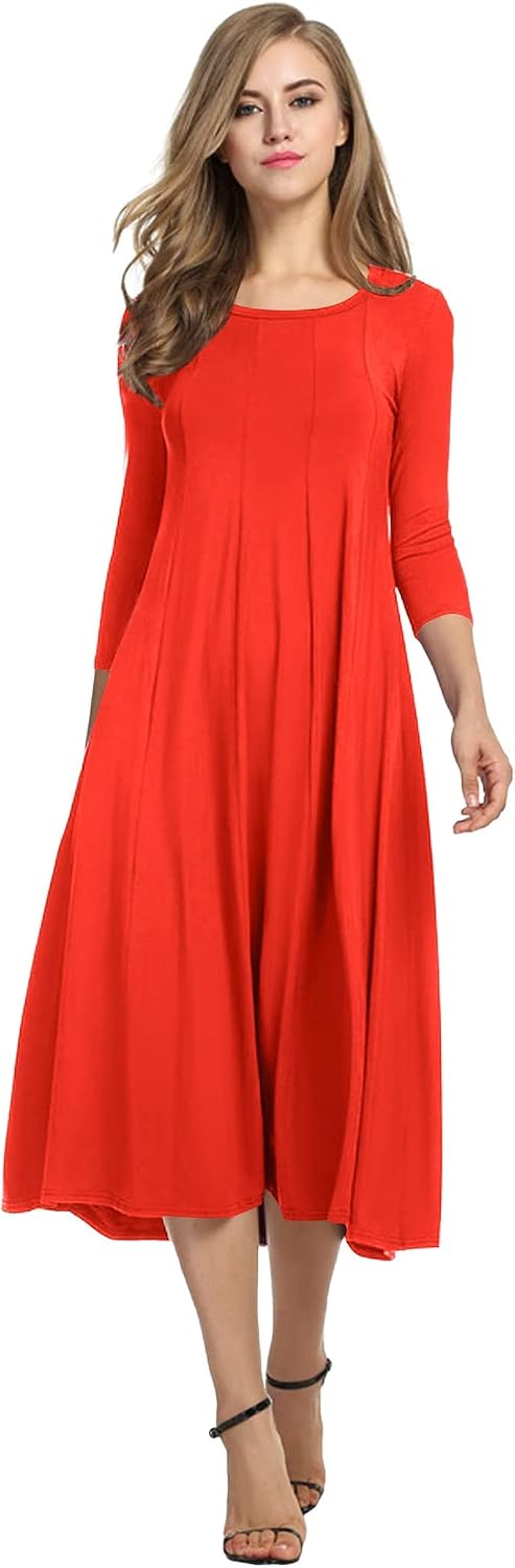 HOTOUCH Women's 3\/4 Sleeve A-line and Flare Midi Long Dress
