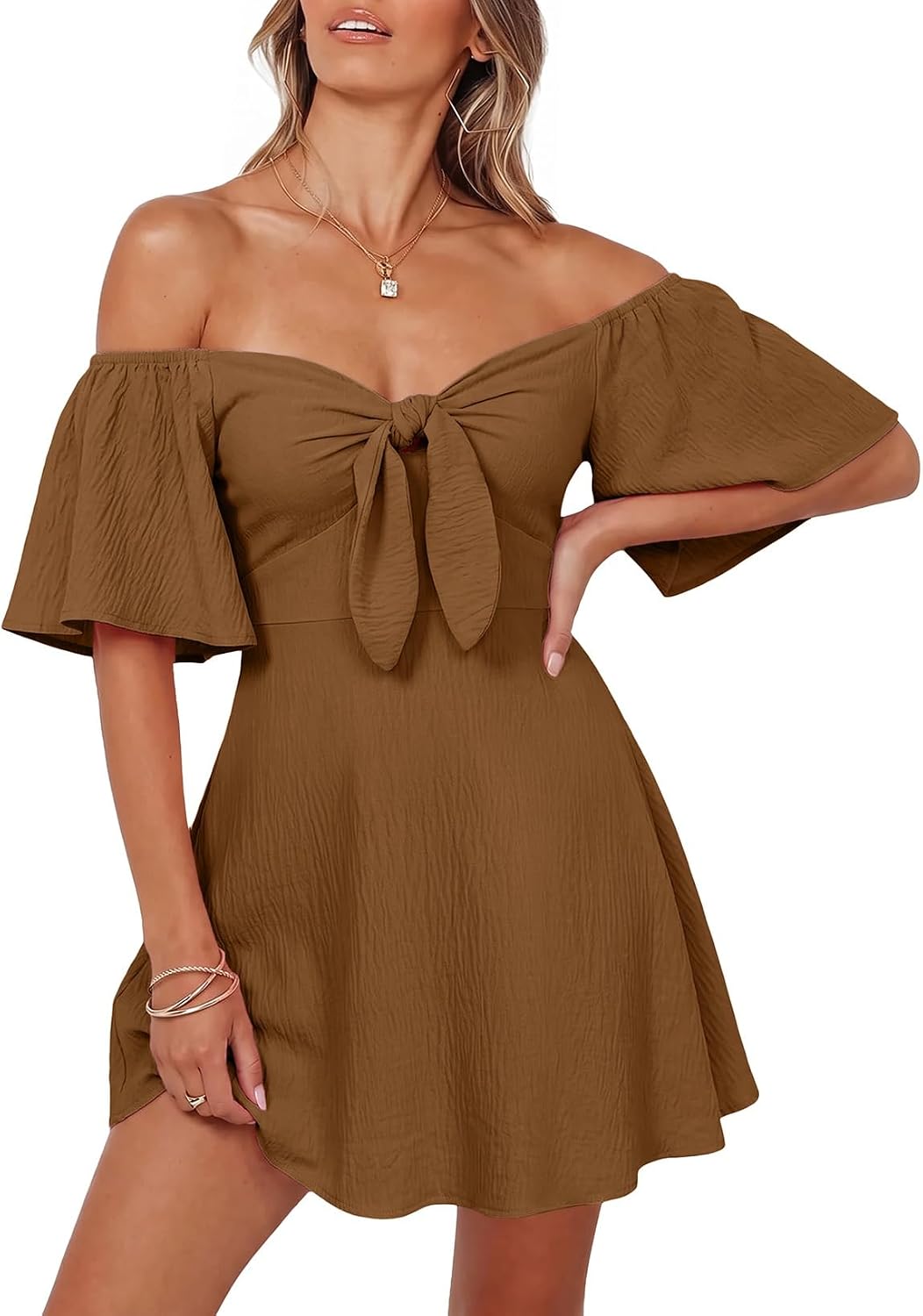 Dokotoo Womens Dresses 2026 Deep V Neck Elegant Bow tie Mini Dress S-XL | 2026 Summer Fall,Short Sleeve,V Neck,Graduation Party Dress,Elegant,Flowy Beach Vacation Wear,Casual Dress