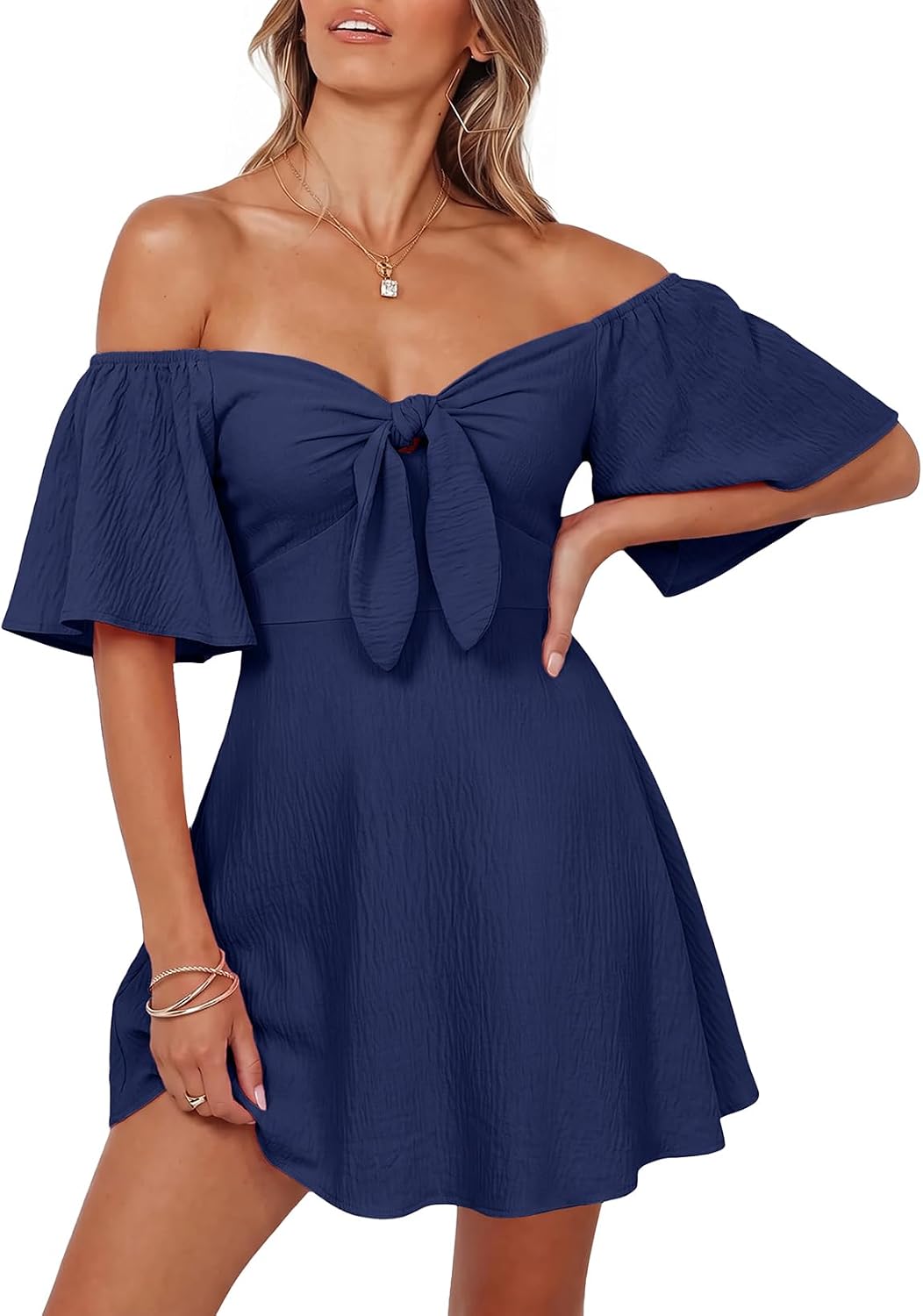 Dokotoo Womens Dresses 2026 Deep V Neck Elegant Bow tie Mini Dress S-XL | 2026 Summer Fall,Short Sleeve,V Neck,Graduation Party Dress,Elegant,Flowy Beach Vacation Wear,Casual Dress