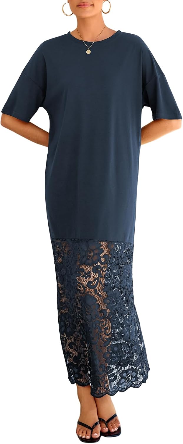 LOLONG Women Short Sleeve Lace Patchwork Crew Neck Maxi Dress Summer Trendy | Casual Loose Fit; Soft Solid Color Fabric; for Beach Vacation、Party Formal、Work Business