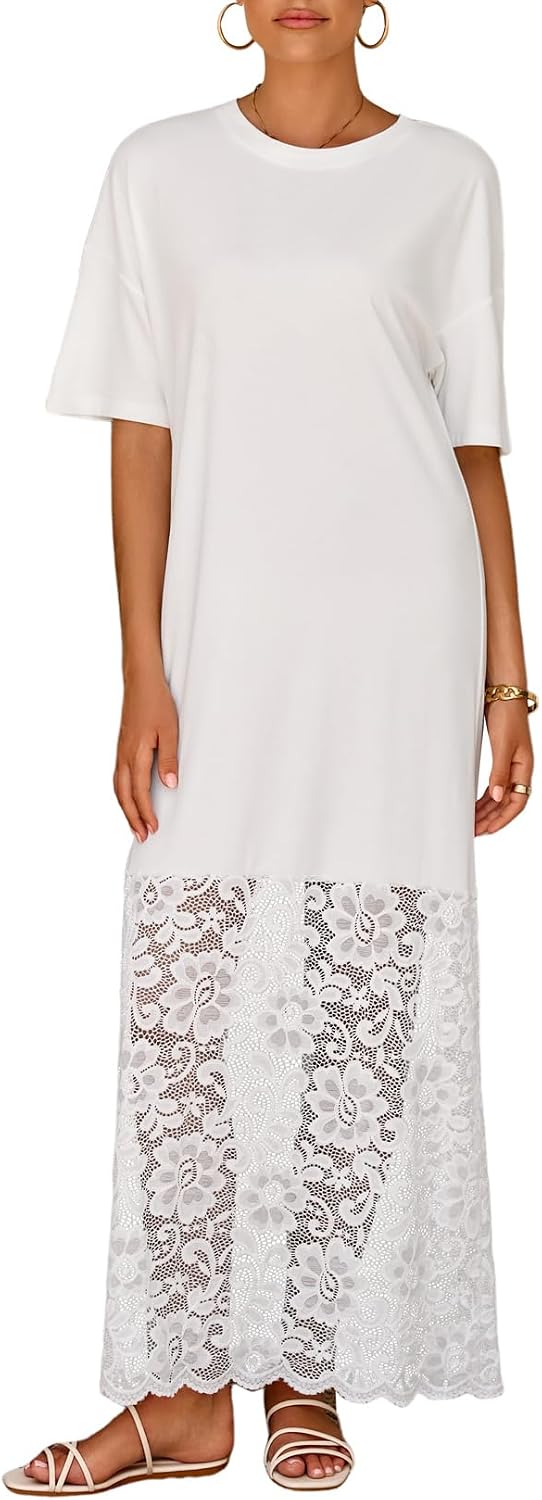 LOLONG Women Short Sleeve Lace Patchwork Crew Neck Maxi Dress Summer Trendy | Casual Loose Fit; Soft Solid Color Fabric; for Beach Vacation、Party Formal、Work Business
