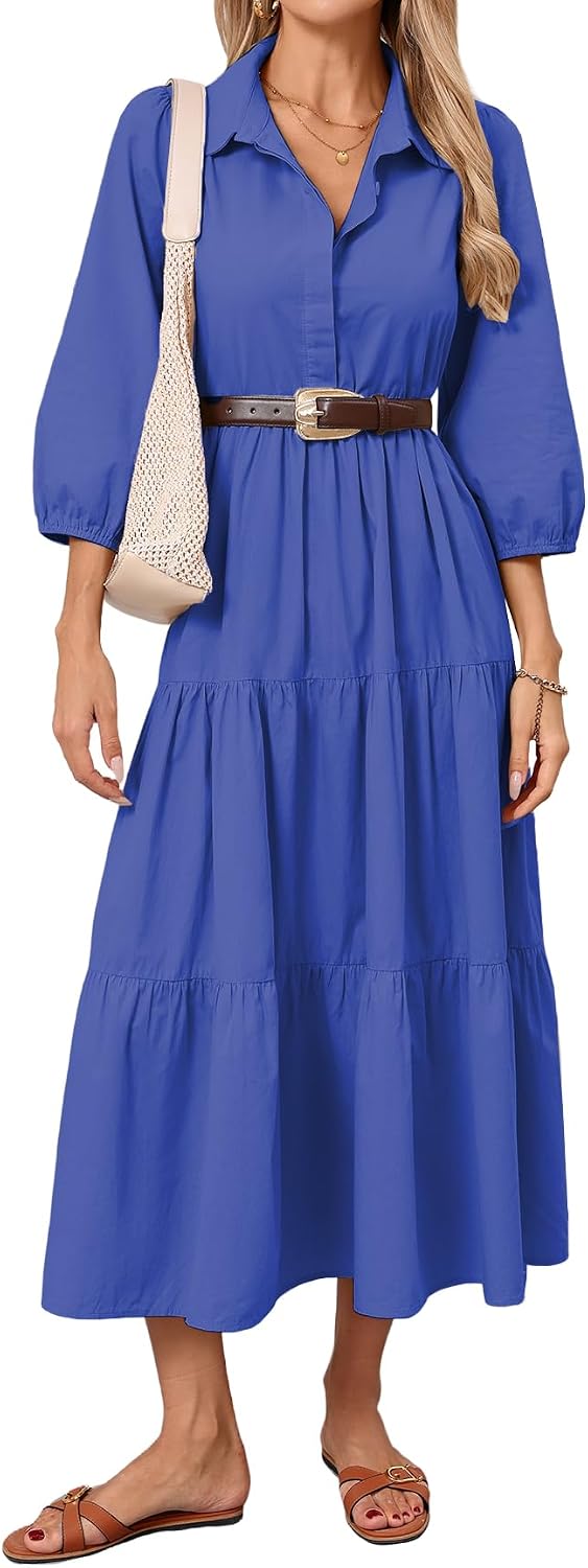 Women Button Down Maxi Shirt Dress Long Sleeve Flowy Tiered Collared Dresses with Pockets