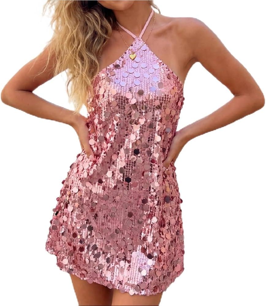 Womens Sparkle Sequins Mini Dress Shiny Glitter Halter Neck Tie-Up Backless Night Out Clubwear Loose Fit Short Dress