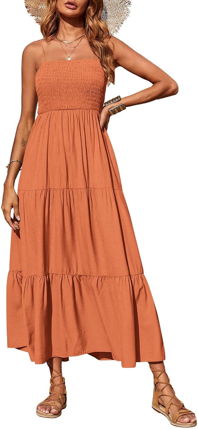PRETTYGARDEN Women's Summer Maxi Dress 2026 Spaghetti Strap Sundresses | Boho Dress, Sleeveless, Smocked, Flowy Tiered A Line Long Dress, Beach Vacation, Party, Wedding Guest
