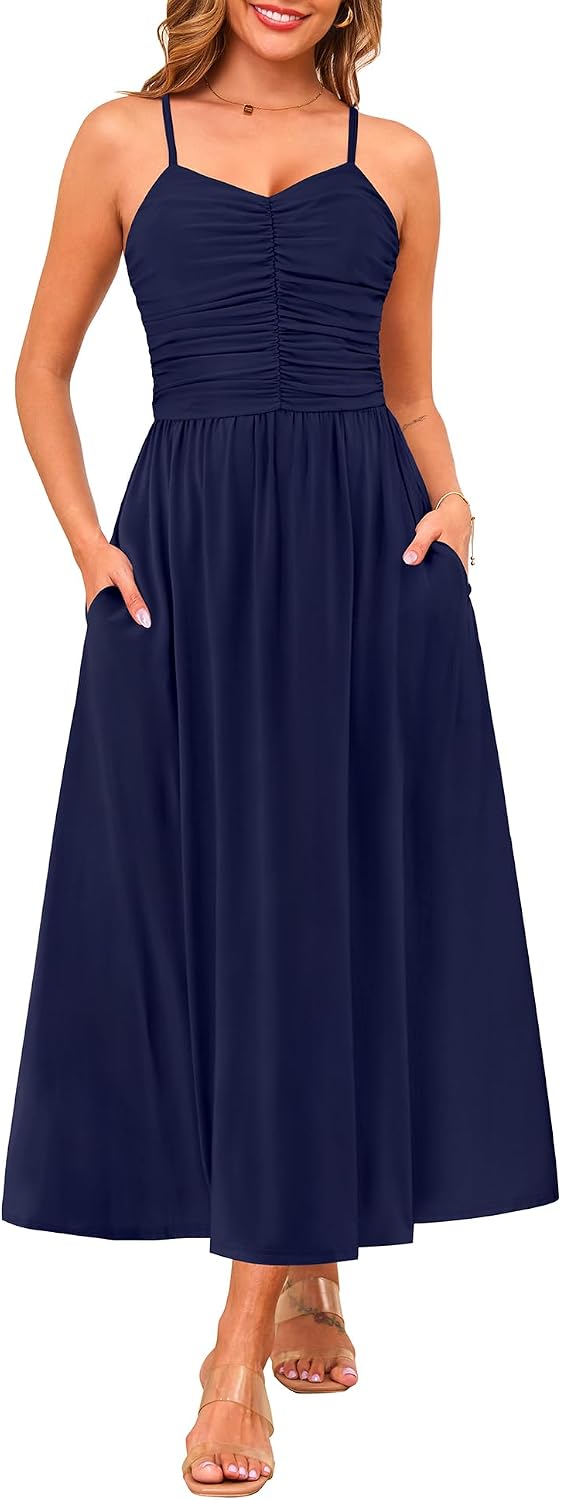 Annebouti Women's Summer Adjustable Spaghetti Strap Ruched Maxi Sun Dress | Dress with Pockets, Lined Bodice, Boho Floral Print, Perfect Summer Dress for Wedding Guest, Beach, Vacation, Resort Wear