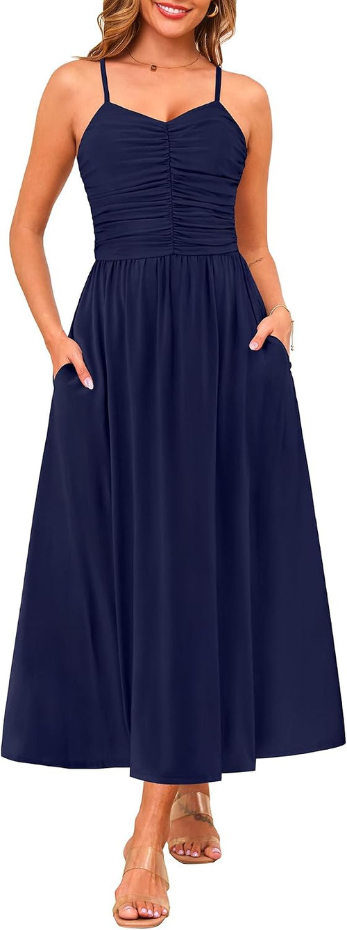 Annebouti Women's Summer Adjustable Spaghetti Strap Ruched Maxi Sun Dress | Dress with Pockets, Lined Bodice, Boho Floral Print, Perfect Summer Dress for Wedding Guest, Beach, Vacation, Resort Wear