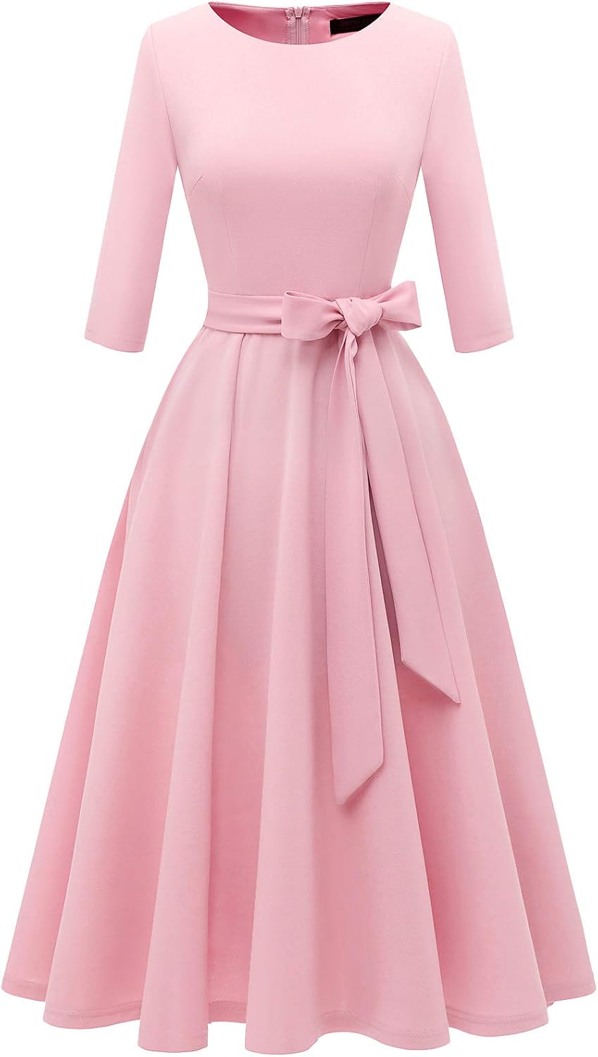 DRESSTELLS Cocktail Dresses for Women, Vintage Wedding Guest Church Dress | 3\/4 Sleeves, A-line, Mid Calf, Detachable Belt, Ideal for Formal Tea Party