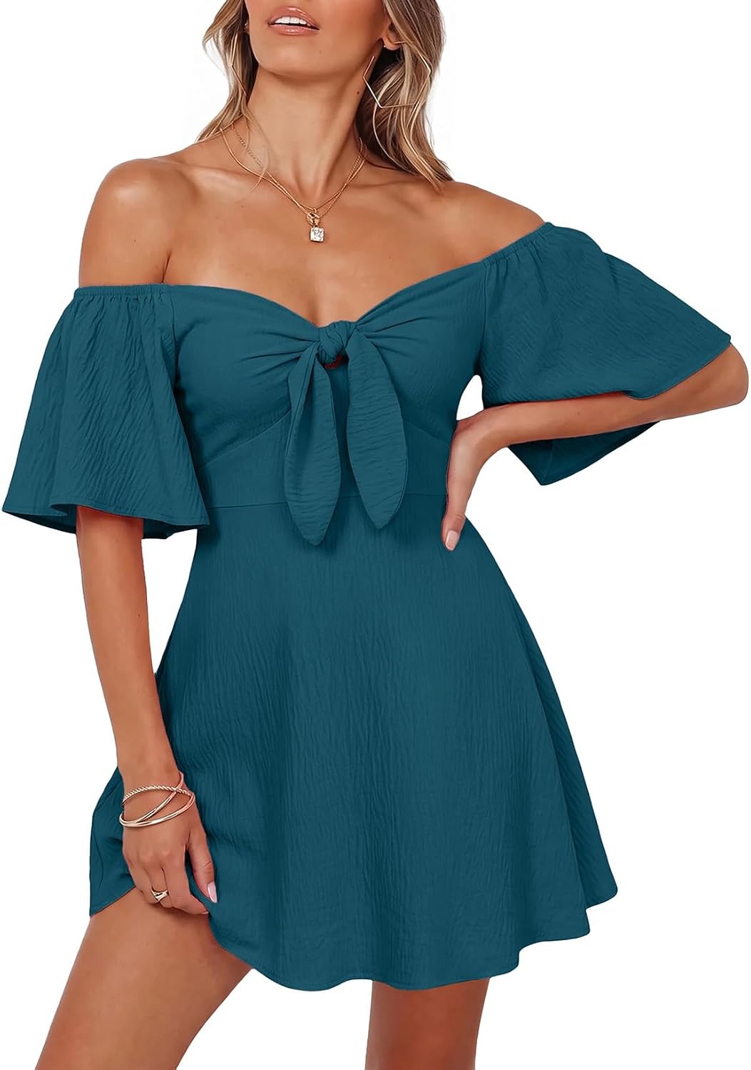 Dokotoo Womens Dresses 2026 Deep V Neck Elegant Bow tie Mini Dress S-XL | 2026 Summer Fall,Short Sleeve,V Neck,Graduation Party Dress,Elegant,Flowy Beach Vacation Wear,Casual Dress