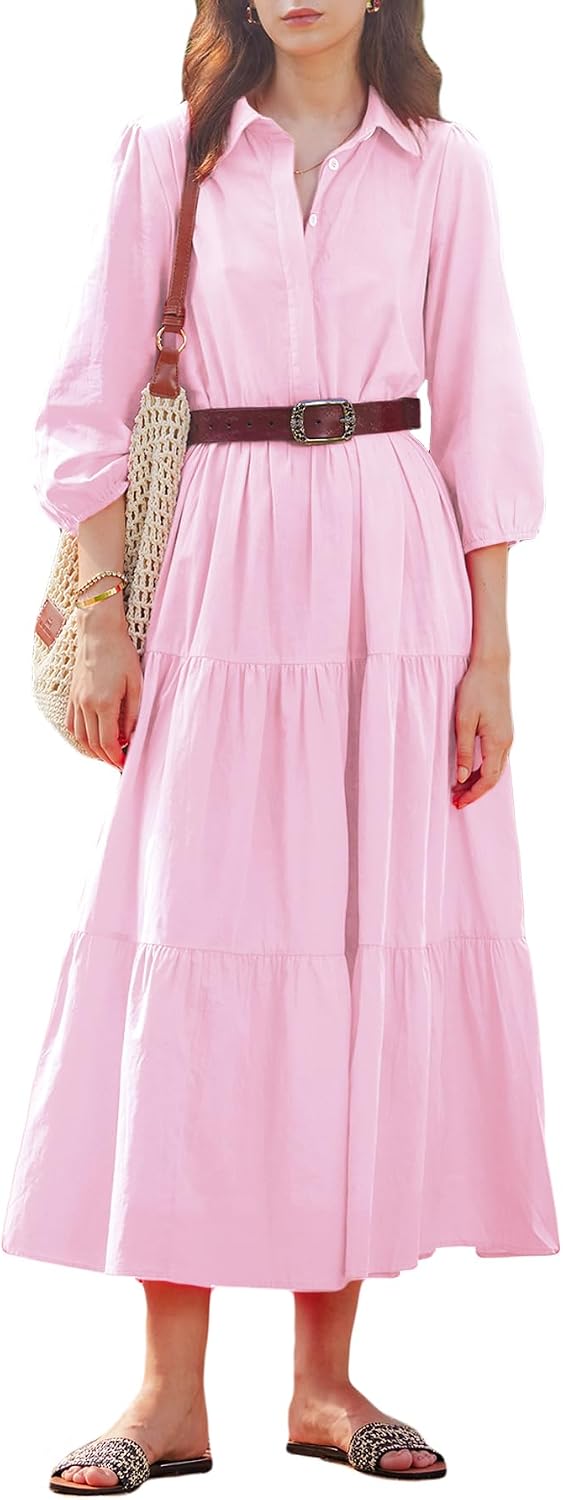 Women Button Down Maxi Shirt Dress Long Sleeve Flowy Tiered Collared Dresses with Pockets