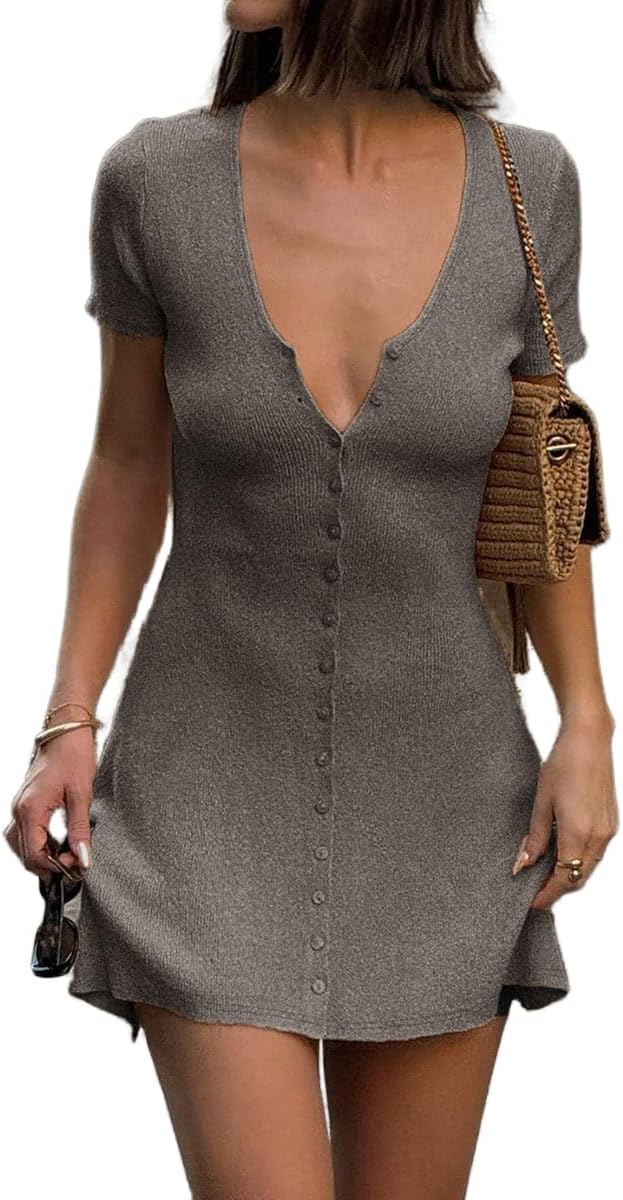 LOFAAC Women Sexy V Neck Button Down Knitted Short Dress Slim Fit Cap Sleeve Flowy Swing Going Out Mini Dress Summer