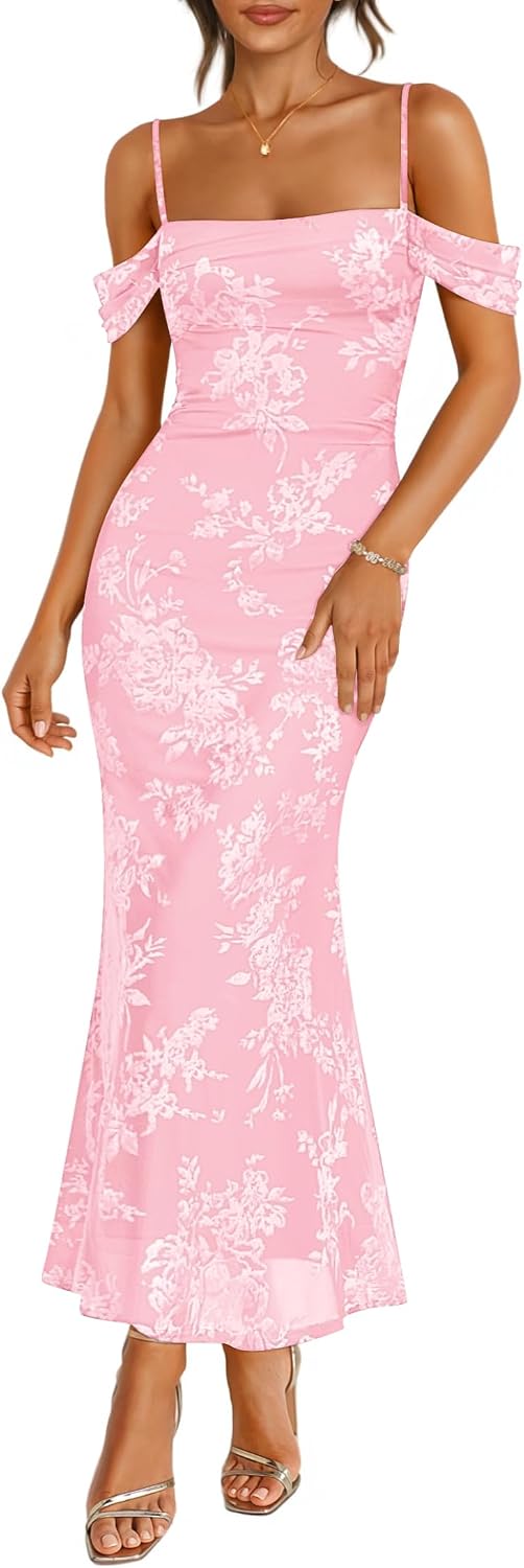 ZESICA Women's Floral Sleeveless Bodycon Cocktail Maxi Dress | Spaghetti Strap, Off Shoulder, Ruched Elegant, Formal Wedding Guest Long Dresses, Rehearsal Dinner Night Out Summer Outfits