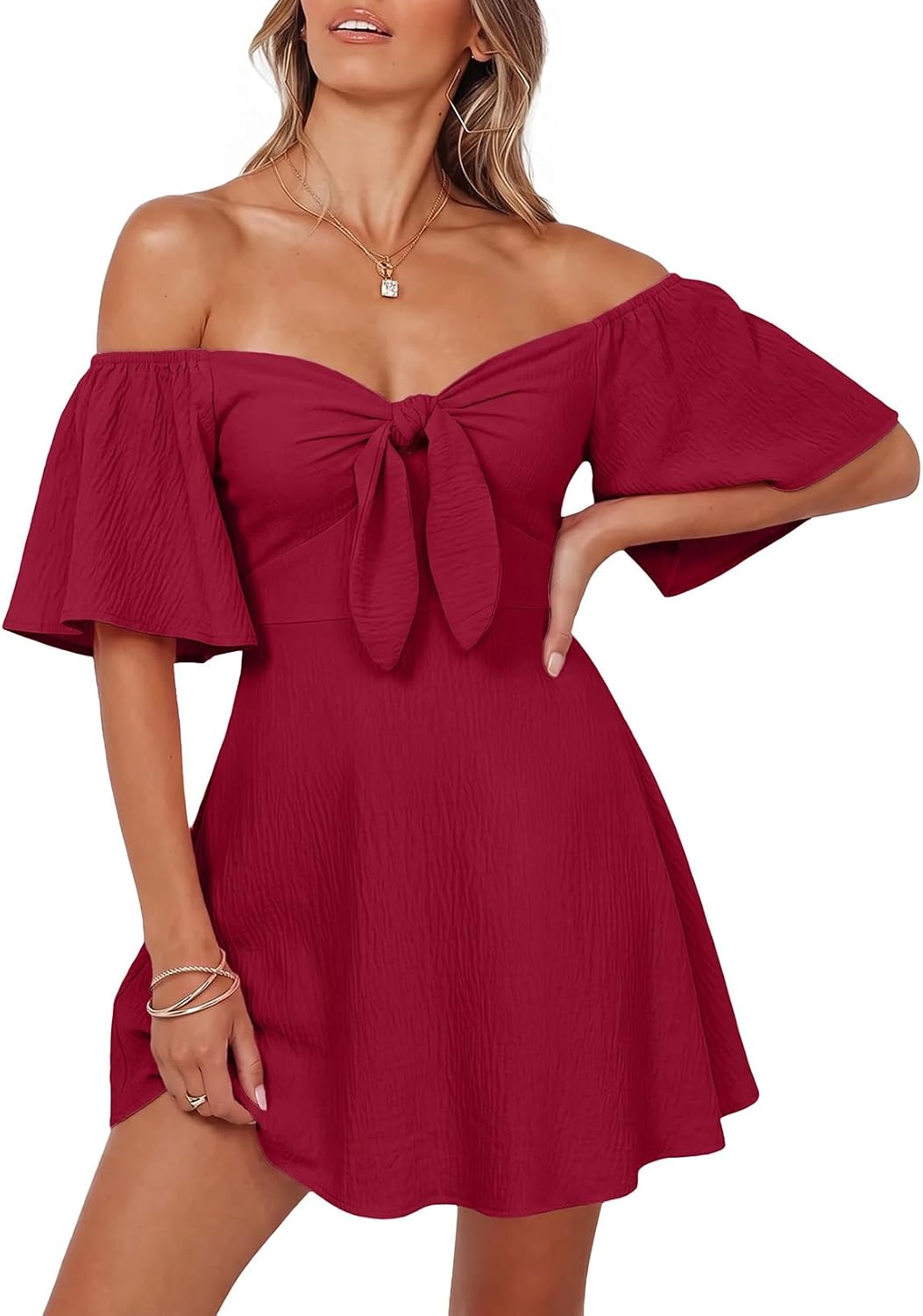 Dokotoo Womens Dresses 2026 Deep V Neck Elegant Bow tie Mini Dress S-XL | 2026 Summer Fall,Short Sleeve,V Neck,Graduation Party Dress,Elegant,Flowy Beach Vacation Wear,Casual Dress