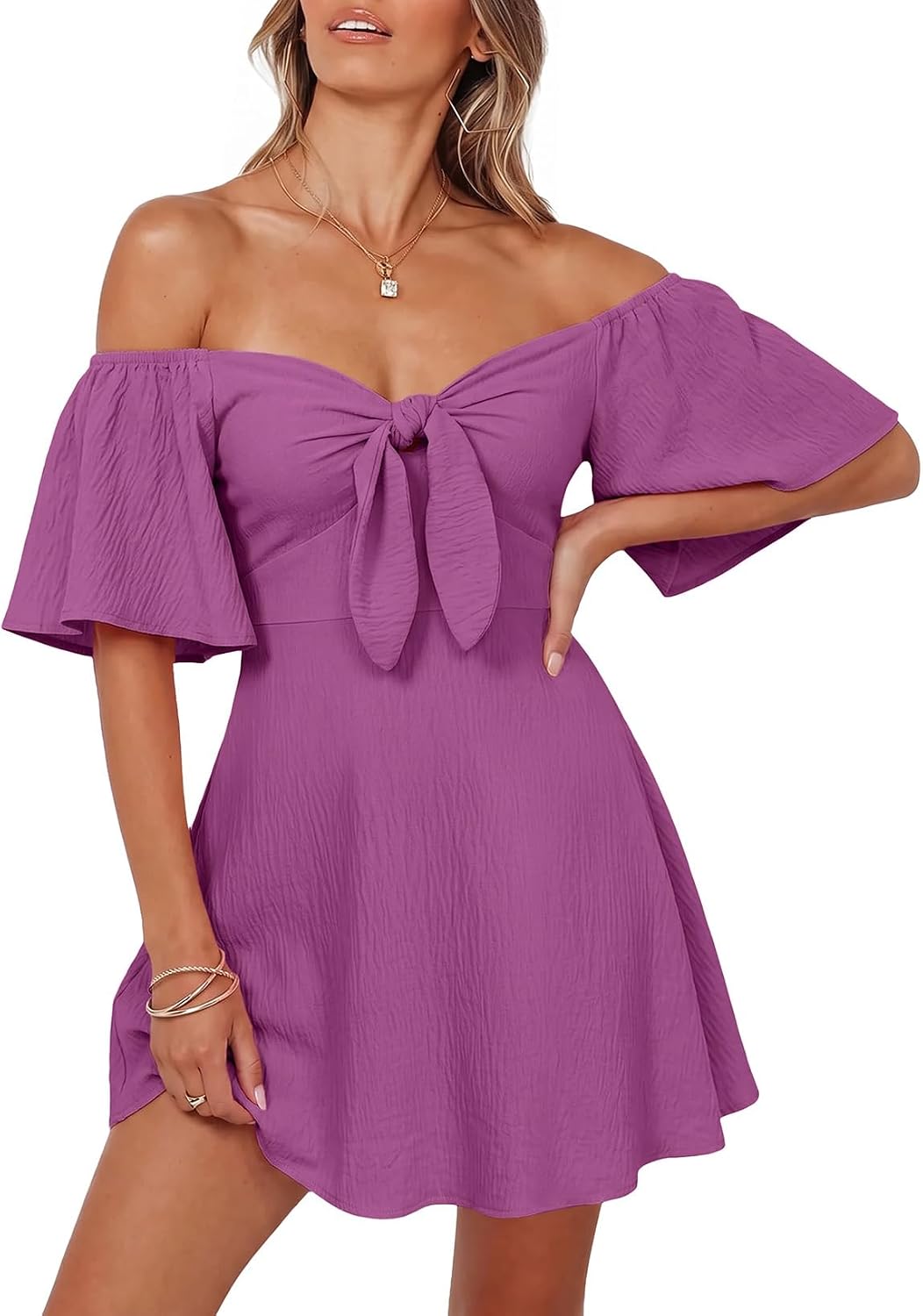 Dokotoo Womens Dresses 2026 Deep V Neck Elegant Bow tie Mini Dress S-XL | 2026 Summer Fall,Short Sleeve,V Neck,Graduation Party Dress,Elegant,Flowy Beach Vacation Wear,Casual Dress