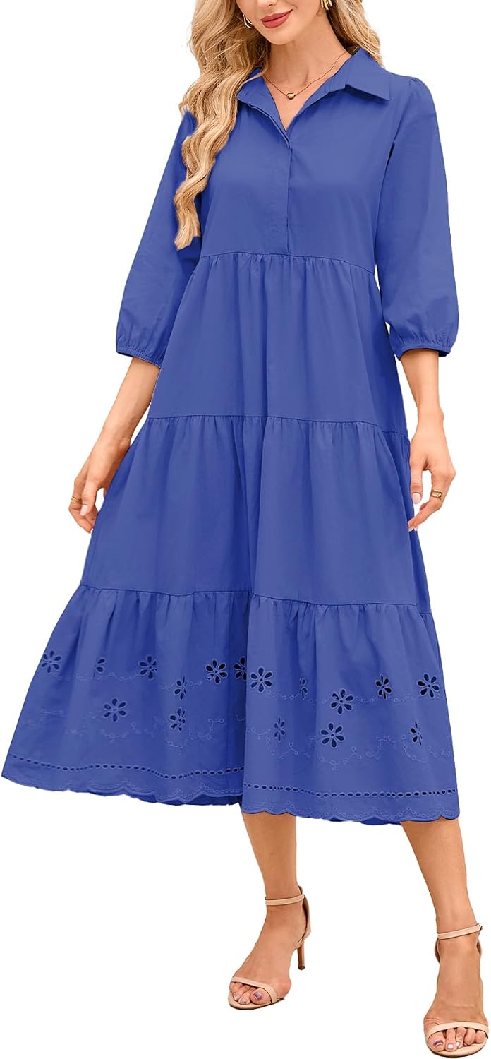 Women Button Down Maxi Shirt Dress Long Sleeve Flowy Tiered Collared Dresses with Pockets