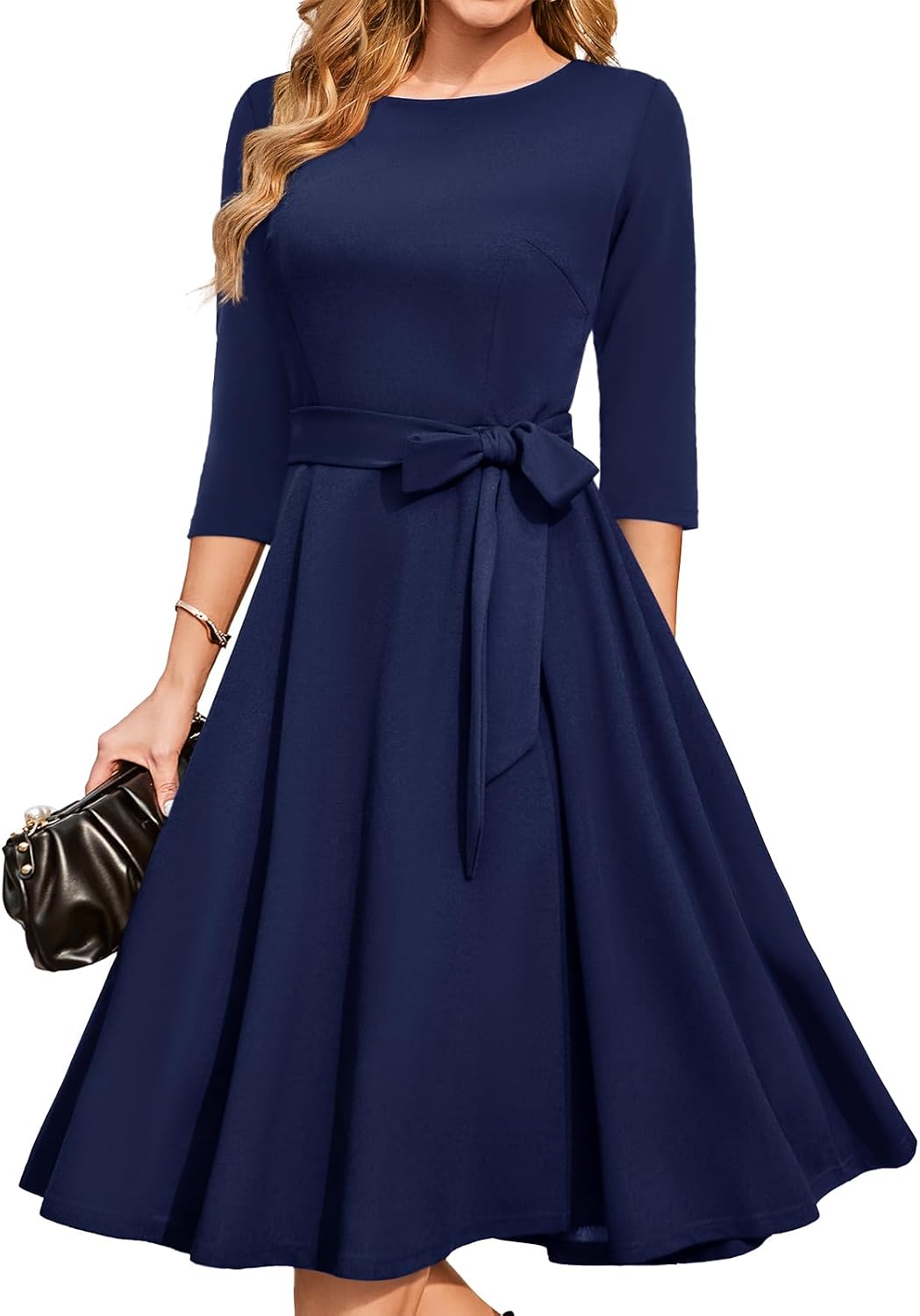 DRESSTELLS Cocktail Dresses for Women, Vintage Wedding Guest Church Dress | 3\/4 Sleeves, A-line, Mid Calf, Detachable Belt, Ideal for Formal Tea Party