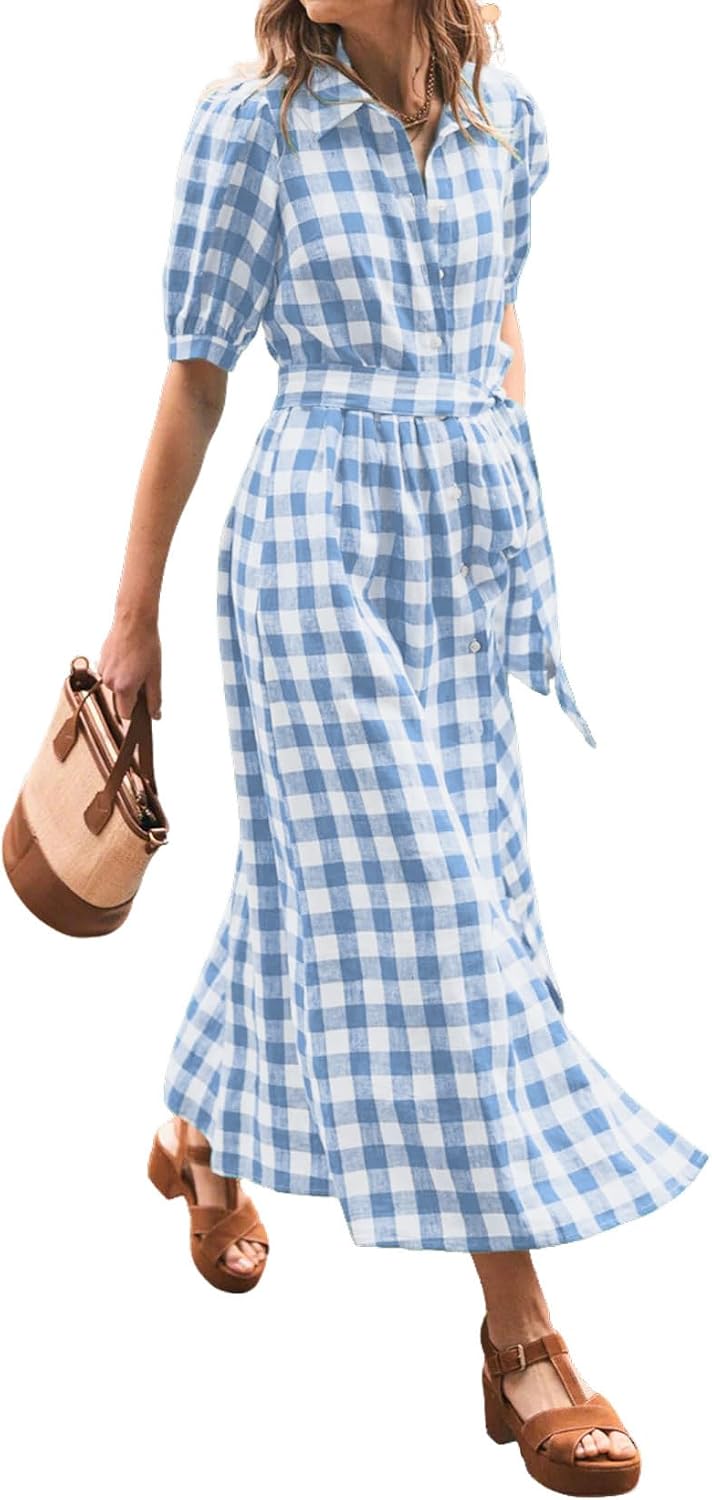 CHARTOU Women Summer Plaid Puff Short Sleeve Dress Button Down Long Shirt Dress with Belt