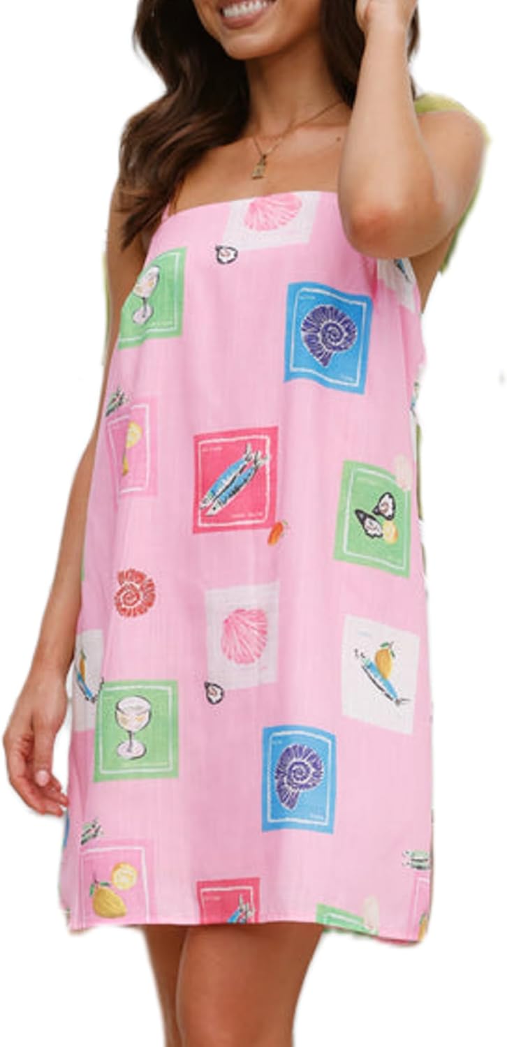 NUFIWI Women Boho Graffiti Cami Mini Dress Spaghetti Strap Printed A Line Short Dress Cute Colorful Sundress
