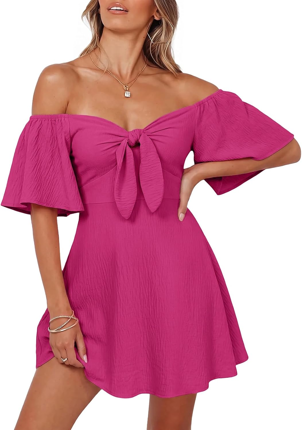 Dokotoo Womens Dresses 2026 Deep V Neck Elegant Bow tie Mini Dress S-XL | 2026 Summer Fall,Short Sleeve,V Neck,Graduation Party Dress,Elegant,Flowy Beach Vacation Wear,Casual Dress