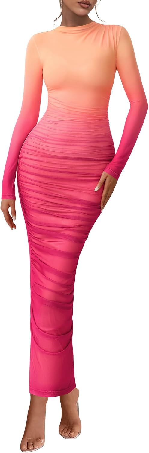 PRETTYGARDEN Long Sleeve Maxi Dresses for Women Wedding Guest Fall Outfits | Ruched Bodycon Dress Long, Floral Mesh, Date Night, Formal Cocktail Party, Homecoming Holiday Dresses