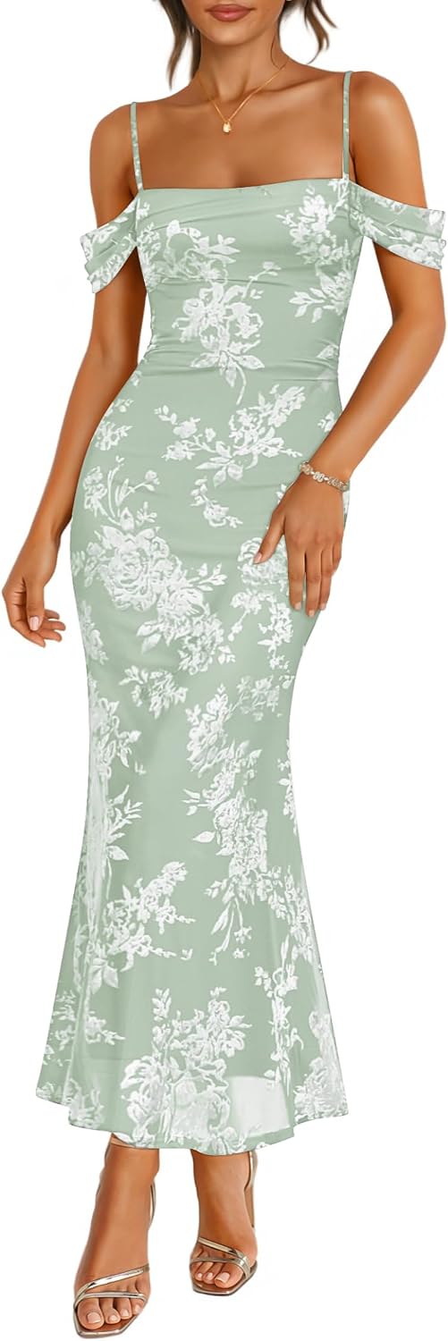 ZESICA Women's Floral Sleeveless Bodycon Cocktail Maxi Dress | Spaghetti Strap, Off Shoulder, Ruched Elegant, Formal Wedding Guest Long Dresses, Rehearsal Dinner Night Out Summer Outfits