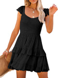 Womens Summer Sleeveless Backless Smocked Ruffle Babydoll Mini Sundress | Square Neck,Casual,Floral,Boho,Beach,Cute,Teen,Graduation,Homecoming,Layered,Flowy,Swing,Short Sundress