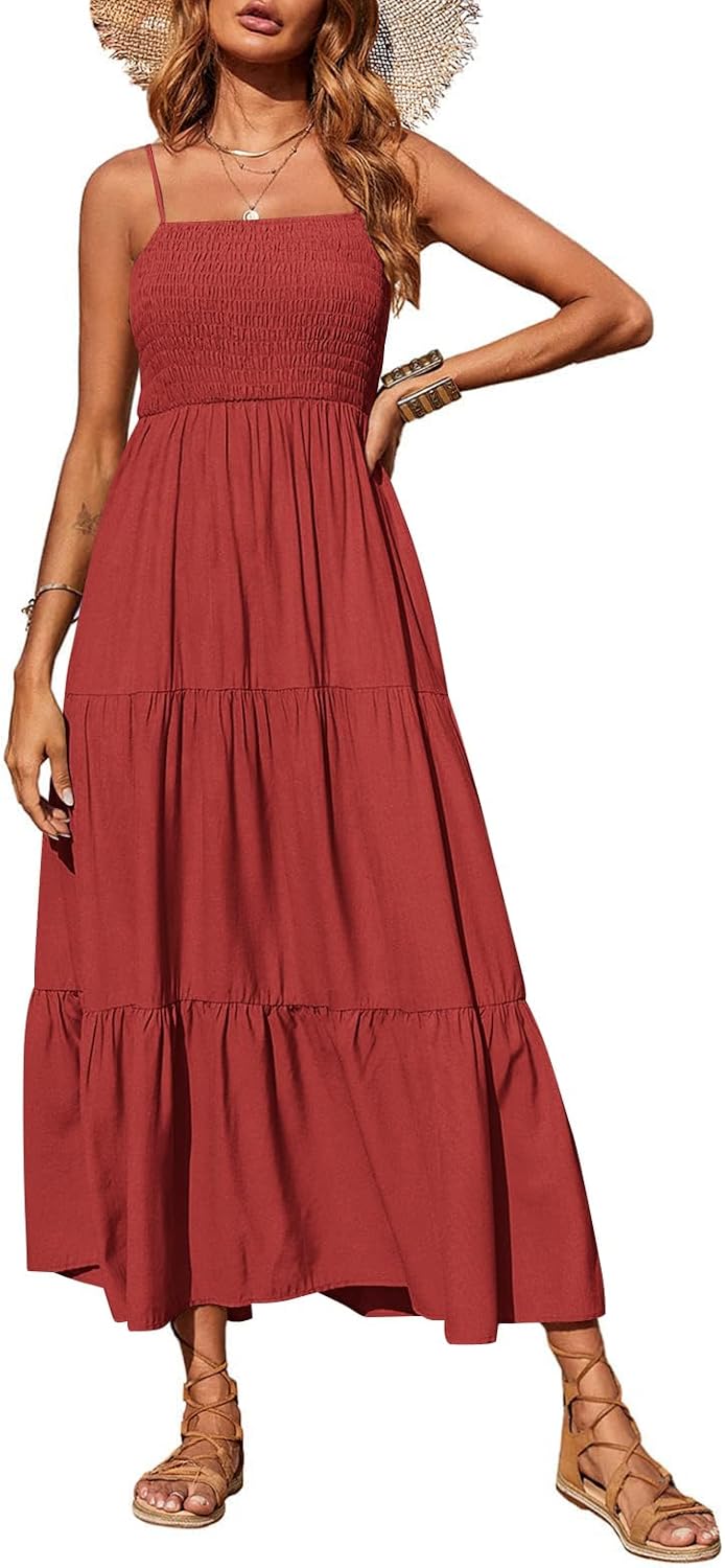PRETTYGARDEN Women's Summer Maxi Dress 2026 Spaghetti Strap Sundresses | Boho Dress, Sleeveless, Smocked, Flowy Tiered A Line Long Dress, Beach Vacation, Party, Wedding Guest