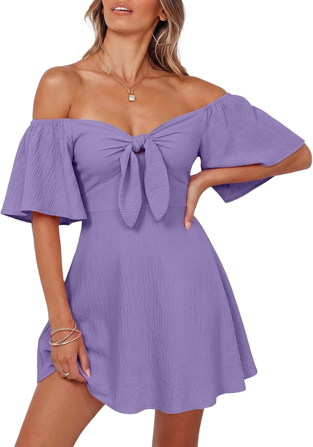 Dokotoo Womens Dresses 2026 Deep V Neck Elegant Bow tie Mini Dress S-XL | 2026 Summer Fall,Short Sleeve,V Neck,Graduation Party Dress,Elegant,Flowy Beach Vacation Wear,Casual Dress