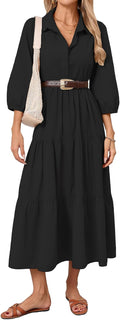 Women Button Down Maxi Shirt Dress Long Sleeve Flowy Tiered Collared Dresses with Pockets