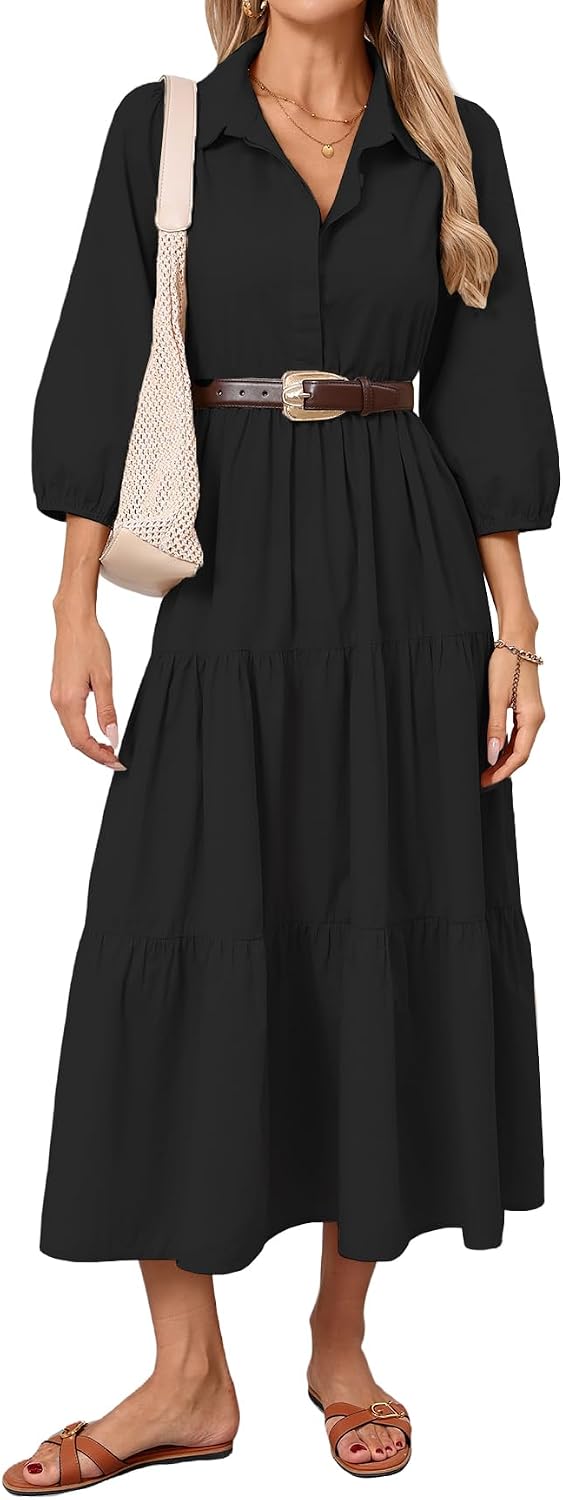 Women Button Down Maxi Shirt Dress Long Sleeve Flowy Tiered Collared Dresses with Pockets