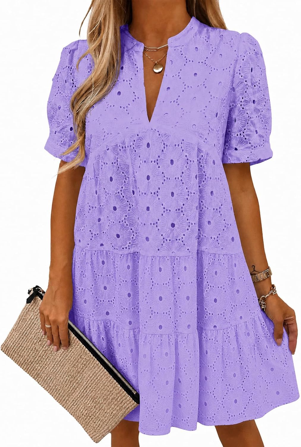 Imily Bela Womens Summer Lace Dresses Eyelet Casual Flowy Babydoll Dress | Swing, Short Sleeve, V Neck, Tunic Dress,Mini,Beach,Vacation,Party,Outdoor,Boho,Loose,Ruffle Hem,Short Puff Sleeve