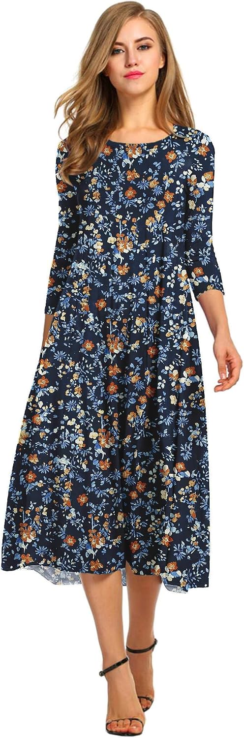 HOTOUCH Women's 3\/4 Sleeve A-line and Flare Midi Long Dress