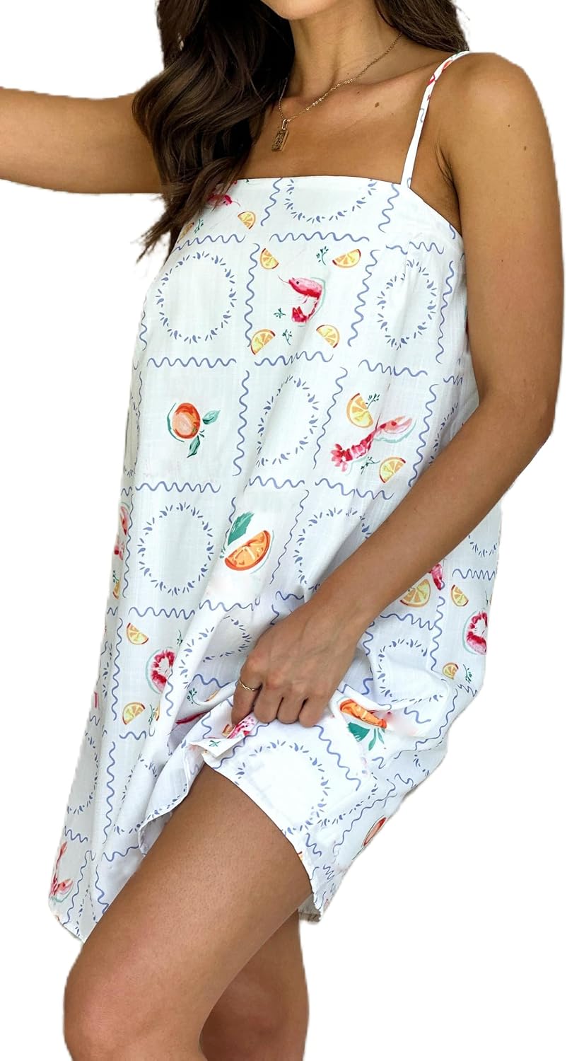 NUFIWI Women Boho Graffiti Cami Mini Dress Spaghetti Strap Printed A Line Short Dress Cute Colorful Sundress