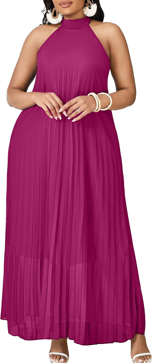 FANDEE Maxi Dress for Women Plus Size Casual Sleeveless Chiffon Halter Neck Pleated Loose Long Dresses