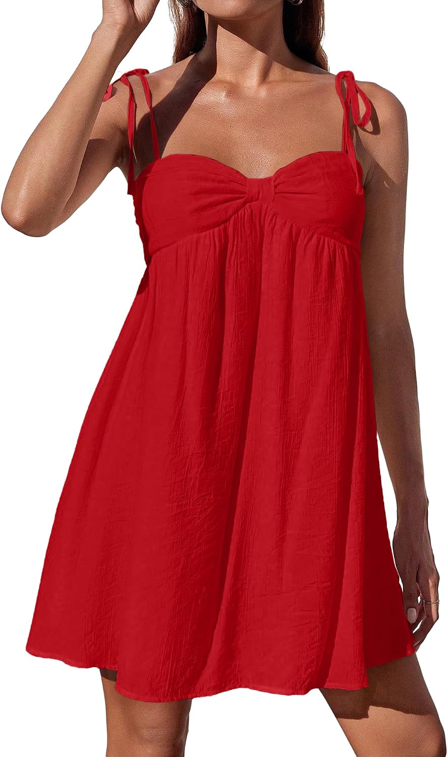 Fhykiss Women's Spaghetti Strap Summer Mini Dresses Flowy Casual Cute Babydoll Dress Knot Tie Shoulder Adjustable Sundress