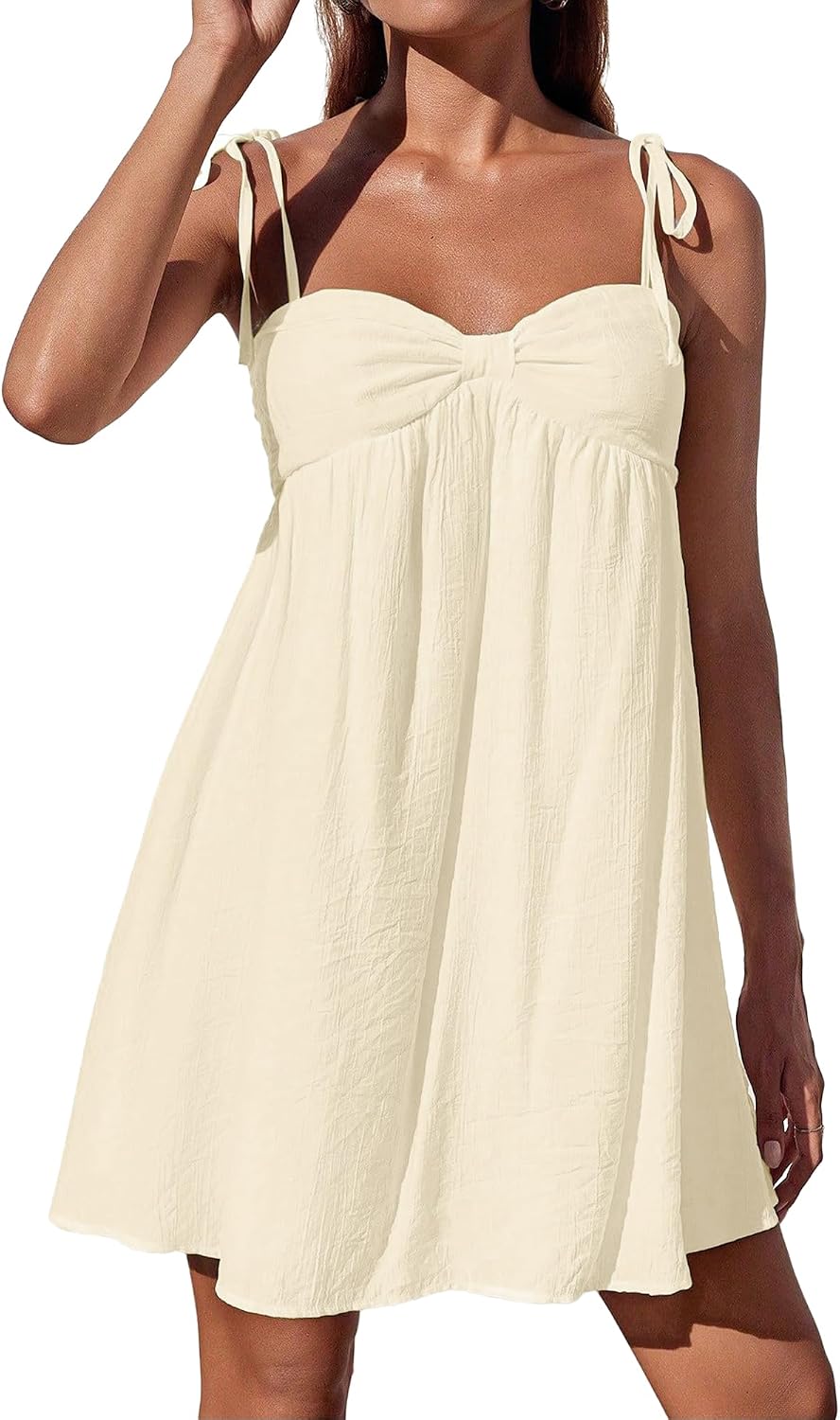 Fhykiss Women's Spaghetti Strap Summer Mini Dresses Flowy Casual Cute Babydoll Dress Knot Tie Shoulder Adjustable Sundress