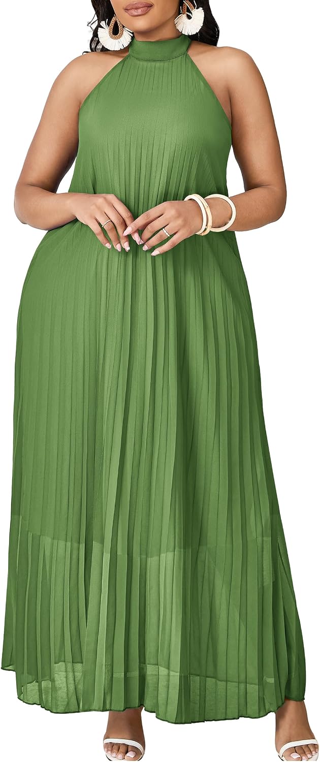 FANDEE Maxi Dress for Women Plus Size Casual Sleeveless Chiffon Halter Neck Pleated Loose Long Dresses
