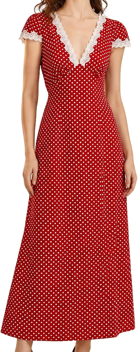 RIHOAS Women Polka Dots Dress Lace Trim V Neck Short Sleeve Long Dresses | 2026,Casual,Long,Semi Formal,Party,Prom,Vocation,Dinner,Fall,Summer,Elegant,Church,Beach