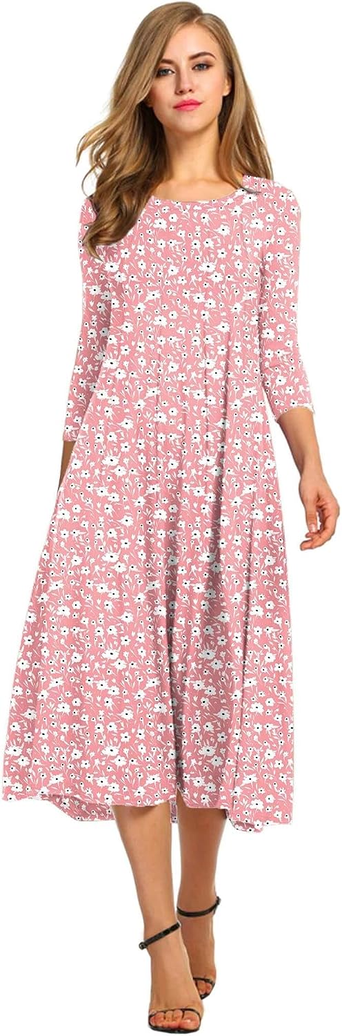 HOTOUCH Women's 3\/4 Sleeve A-line and Flare Midi Long Dress