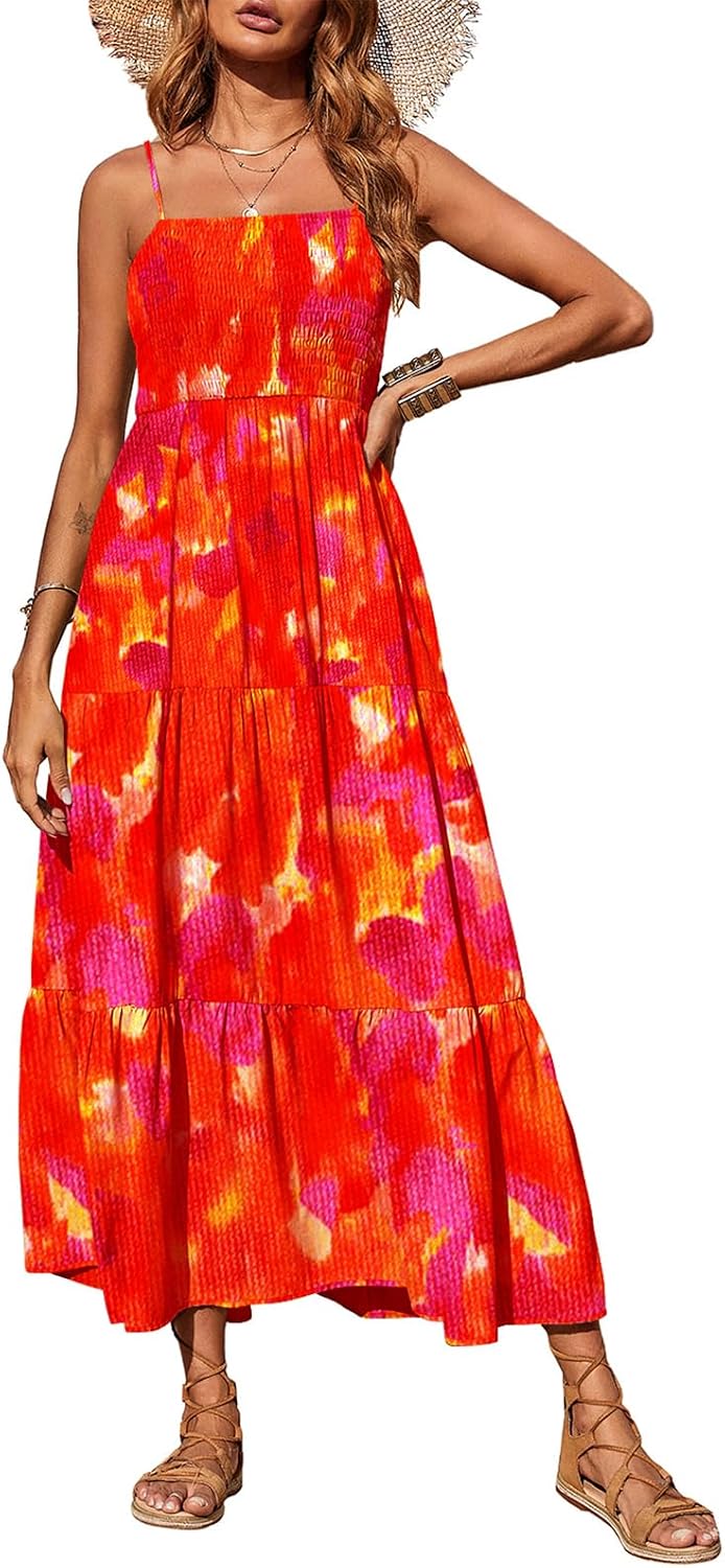 PRETTYGARDEN Women's Summer Maxi Dress 2026 Spaghetti Strap Sundresses | Boho Dress, Sleeveless, Smocked, Flowy Tiered A Line Long Dress, Beach Vacation, Party, Wedding Guest