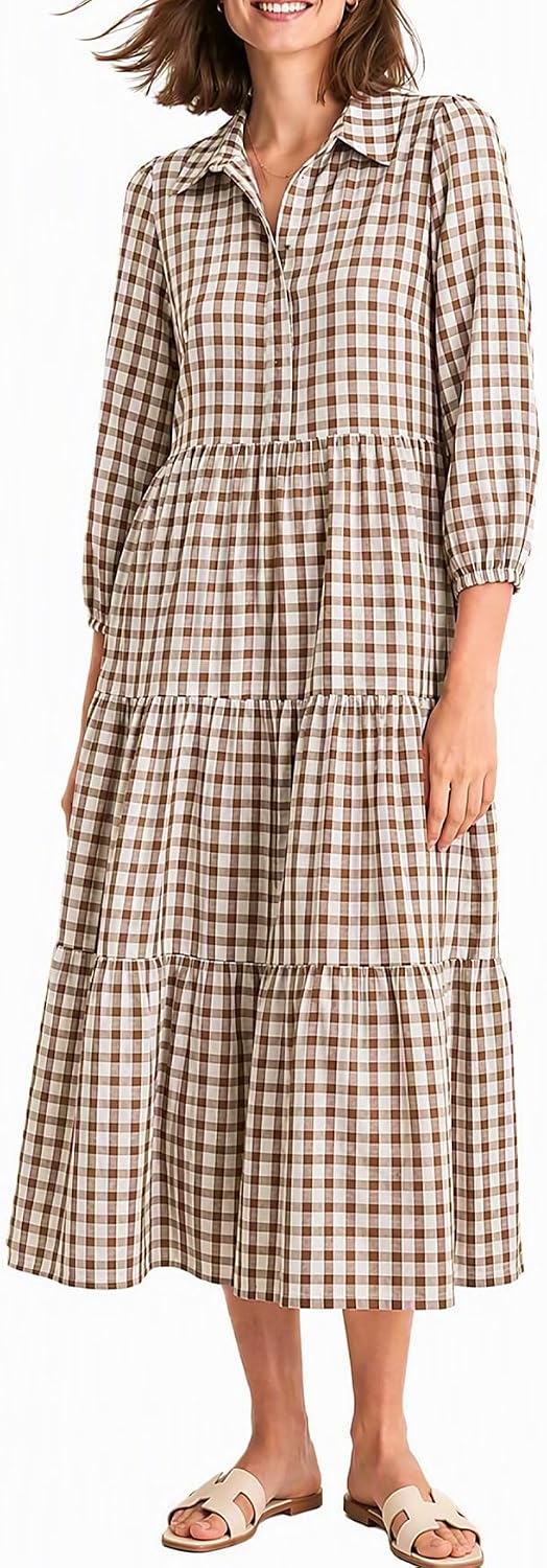 Women Button Down Maxi Shirt Dress Long Sleeve Flowy Tiered Collared Dresses with Pockets
