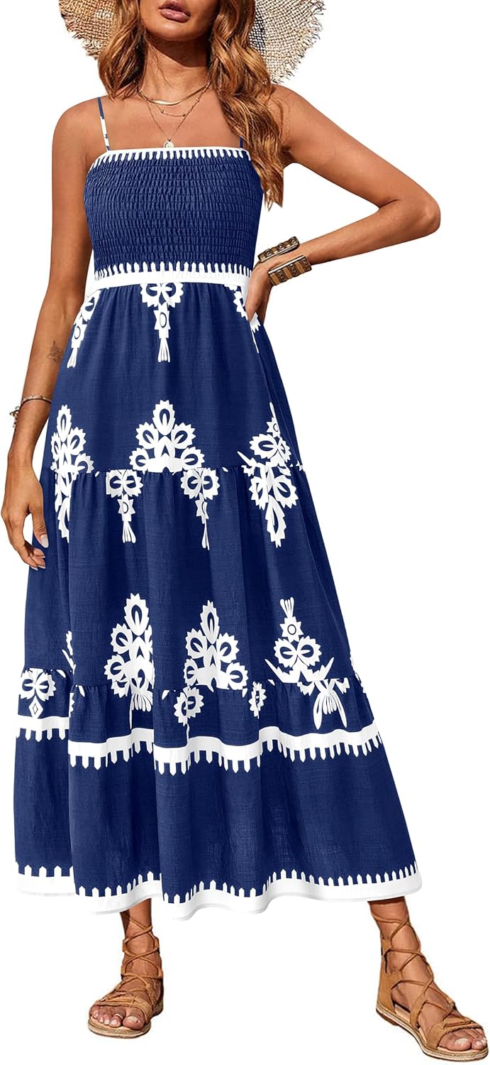 PRETTYGARDEN Women's Summer Maxi Dress 2026 Spaghetti Strap Sundresses | Boho Dress, Sleeveless, Smocked, Flowy Tiered A Line Long Dress, Beach Vacation, Party, Wedding Guest