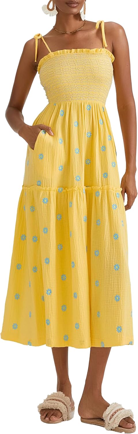 ABYOVRT Women Floral Embroidered Maxi Dress Sleeveless Tie Shoulder Smocked Flowy Dress Boho Summer Sundresses with Pockets