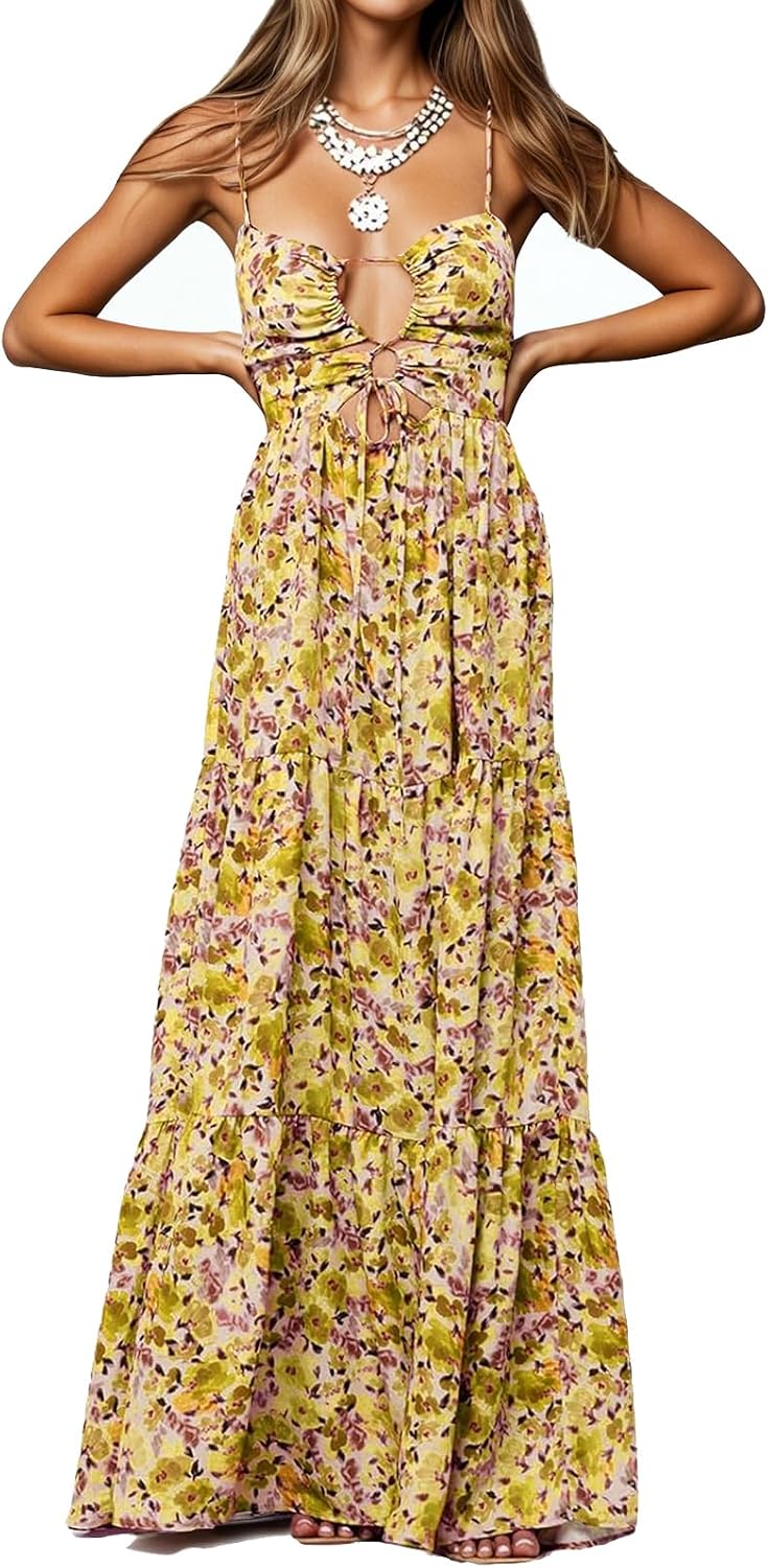 Womens Summer Floral Spaghetti Strap Backless Low Cut Smocked Milkmaid Flowy Beach Sundresses